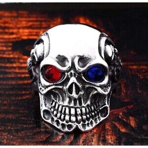BIKER Silver SKULL with Red RUBY Blue EYES Ring Size 11